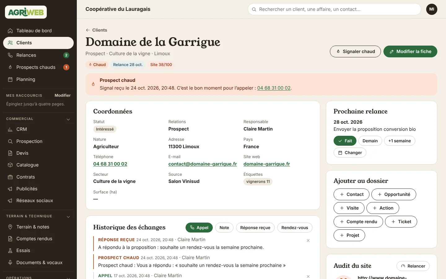 Fiche client AgriWeb : coordonnées, historique des échanges, prochaine relance et audit du site (données de démonstration).