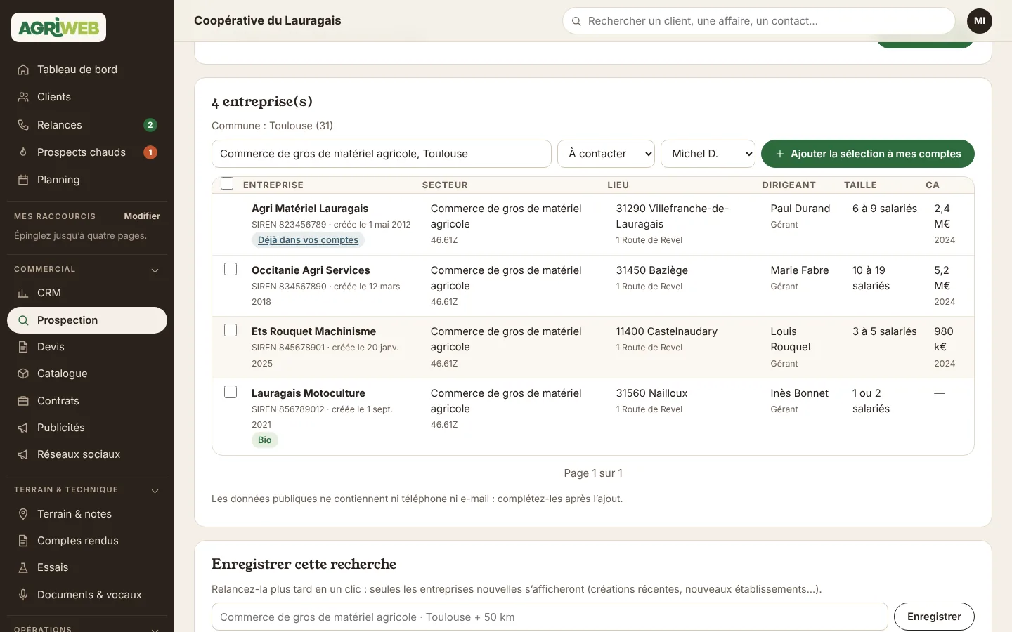 Recherche d’entreprises dans AgriWeb : résultats par secteur avec dirigeant, taille et chiffre d’affaires (données de démonstration).